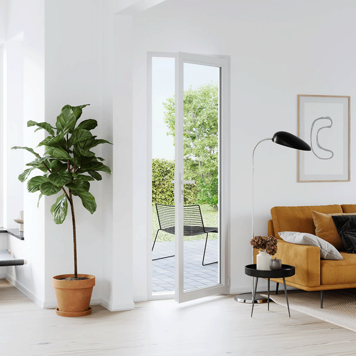 Images tournantes d'une vue intérieure d'une porte fenêtre simple en PVC blanc