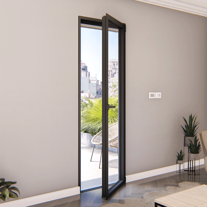 Images tournantes d'une vue intérieure d'une porte fenêtre simple en aliminium anthracite
