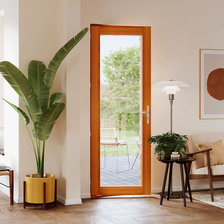 Images tournantes d'une vue intérieure d'une porte fenêtre simple en bois