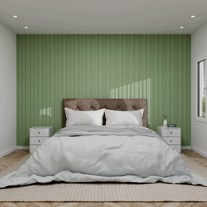 Des panneaux décoratifs muraux de coloris vert dans une chambre moderne