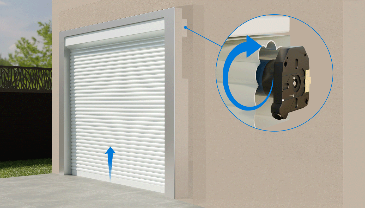 Illustration de l'ouverture d'une porte de garage à enroulement