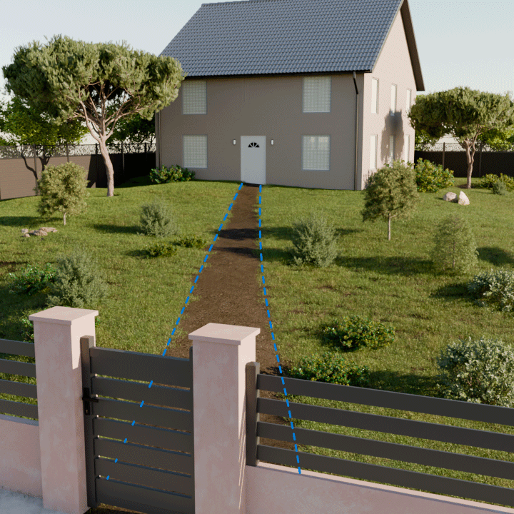 Un portillon ouvrant vers une allée qui mène vers l'entrée d'une maison