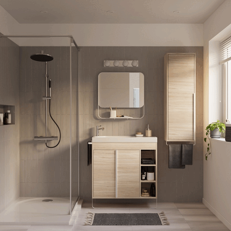 Meuble de salle de bains et colonne dans une salle de douche