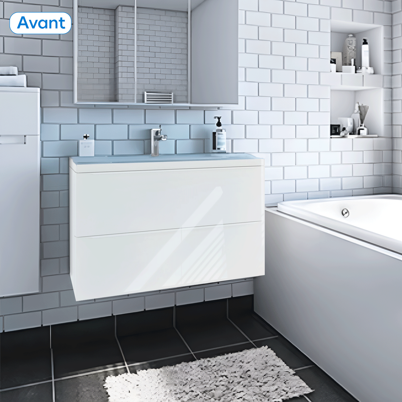 GIF salle de bain blanche passe avec mur carrelage bleu