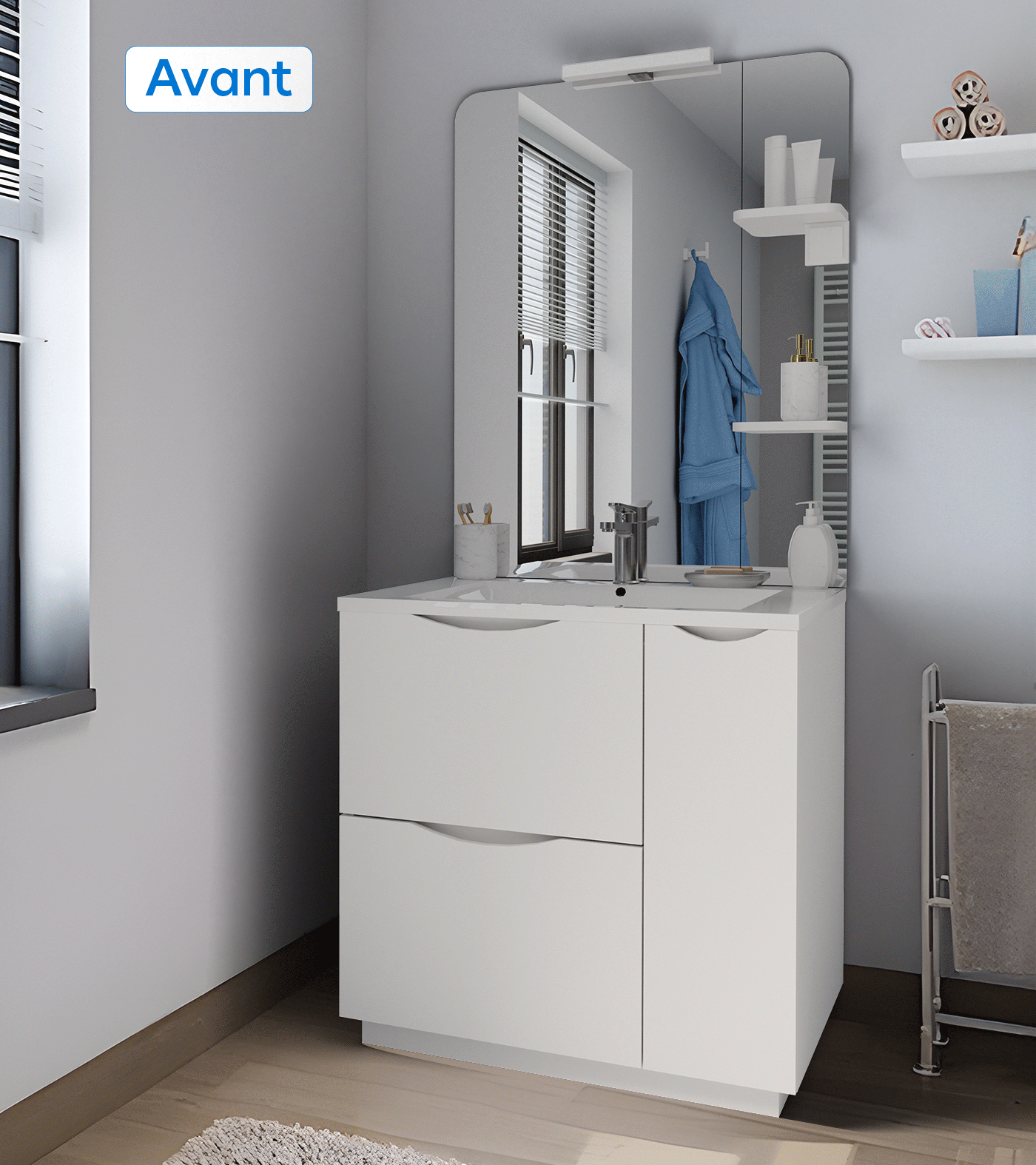 GIF meuble salle de bain et miroir avec mur blanc qui passe avec des motifs