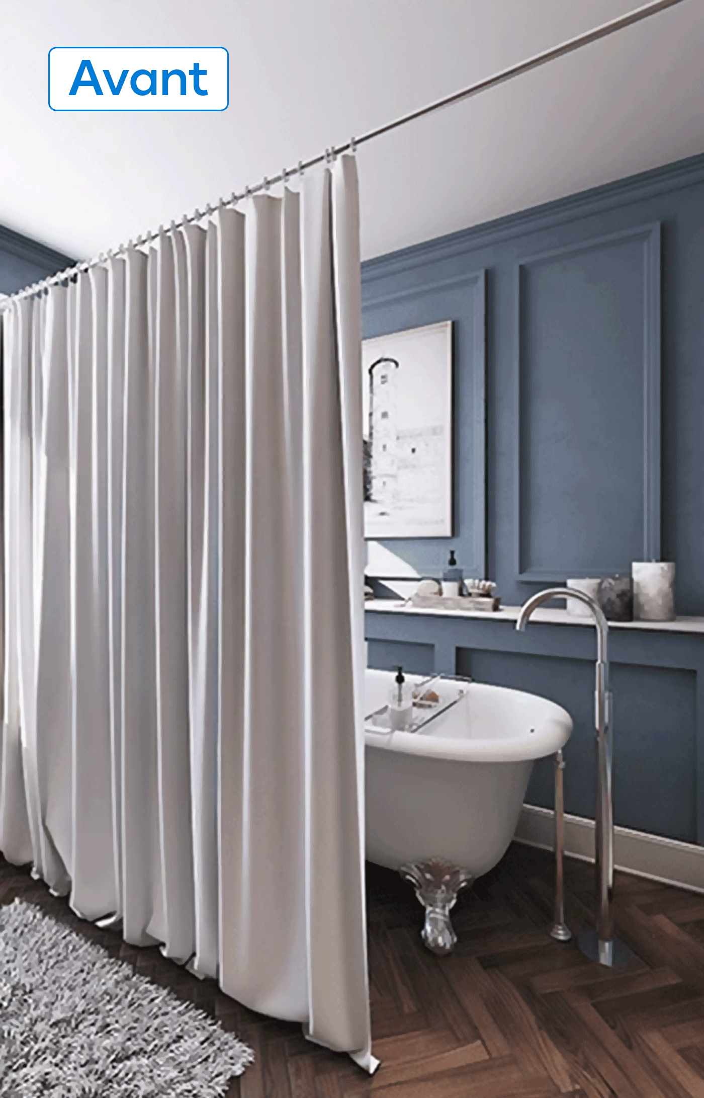 GIF rideau blanc baignoire passe en rideau avec motifs