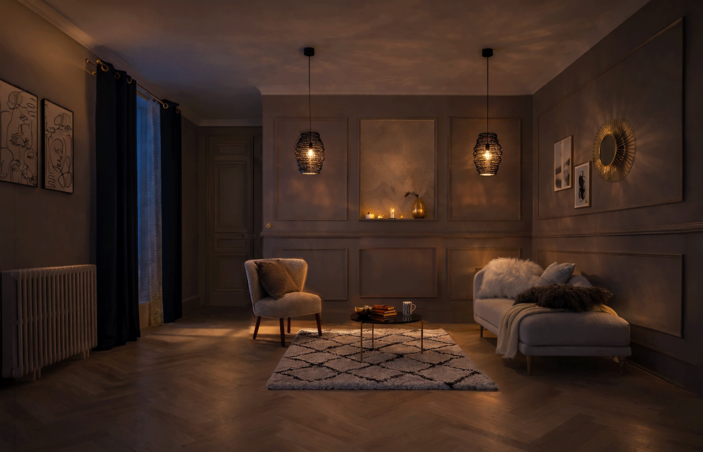 Salon chaleureux et élégant éclairé par des suspensions douces, avec méridienne confortable, fauteuil chic et tapis géométrique.