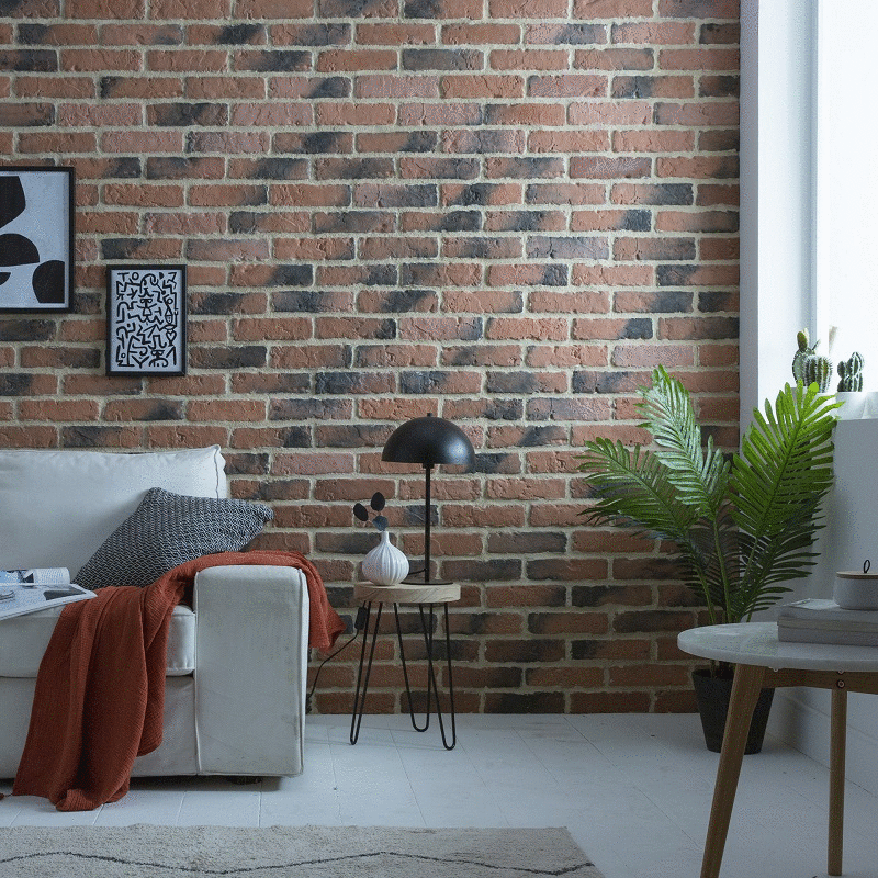 Mur d'un salon en plaquettes de parement aspect brique