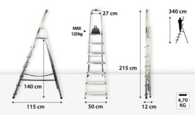 Échelle de ménage en aluminium DRABEST 7 marches avec crochet, plateforme antidérapante 1 pièce.