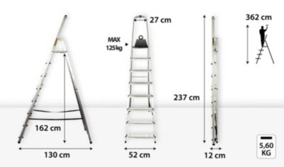 Échelle de ménage en aluminium DRABEST 8 marches avec crochet, plateforme antidérapante 1 pièce.