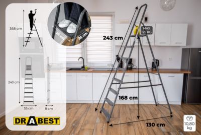 Échelle domestique en acier à un côté, DRABEST, 8 marches, capacité de charge 125 kg, 1 pièce.