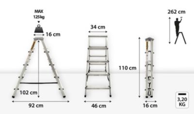 Échelle double face en aluminium DRABEST 2x5 marches, marches pliantes pour la maison, 1 pièce.