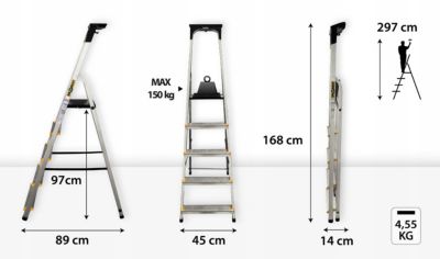 Échelle en aluminium 5 marches PRO DRABEST avec étagère, capacité de charge 150 kg, 1 pièce.