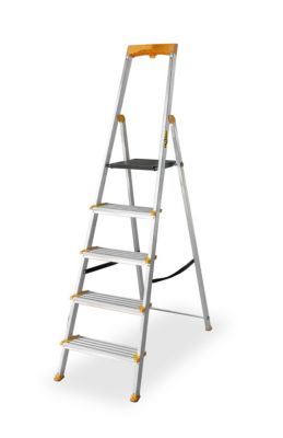Échelle en aluminium à marches larges DRABEST 5 marches avec étagère, capacité de charge 150 kg, 1 pièce.