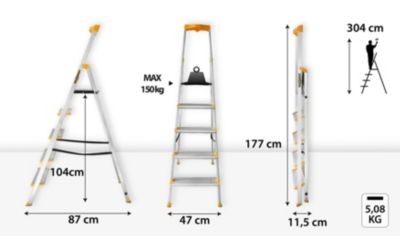 Échelle en aluminium à marches larges DRABEST 5 marches avec étagère, capacité de charge 150 kg, 1 pièce.