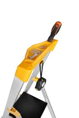 Échelle en aluminium à marches larges DRABEST 5 marches avec étagère, capacité de charge 150 kg, 1 pièce.