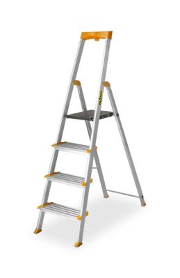 Échelle en aluminium à marches larges DRABEST MAX 4 marches avec étagère, capacité de charge 150 kg, 1 pièce.