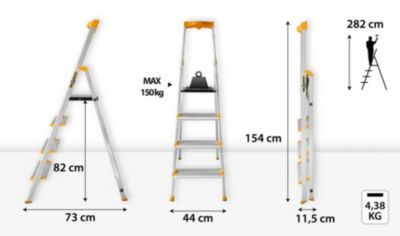 Échelle en aluminium à marches larges DRABEST MAX 4 marches avec étagère, capacité de charge 150 kg, 1 pièce.
