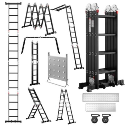 Échelle pliante 7 en 1 de 4,7 m, structure cadre A, barre d équilibre, plateformes, plateforme de rangement, noir