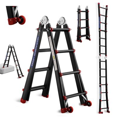 Échelle Polyvalente en Aluminium 5,1m, 5x5 Marches, 2 Roues, Échelle Portable, Pieds antidérapants, Noir