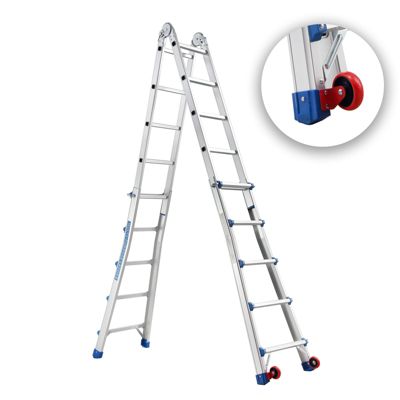 Échelle Polyvalente en Aluminium 5,1m, 5x5 Marches, 2 Roues, Échelle Portable, Pieds antidérapants
