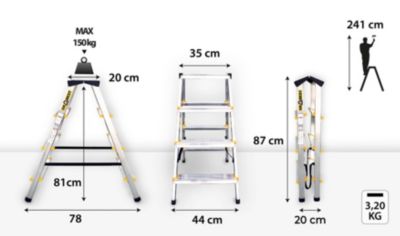 Échelle professionnelle double face en aluminium DRABEST 4 marches 2x4 capacité de charge 150 kg 1 pièce.