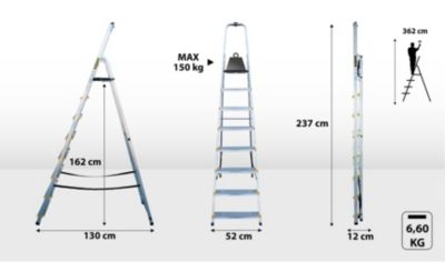 Échelle professionnelle en aluminium DRABEST, 8 marches, AVEC CROCHET, 150 kg, 1 pièce.