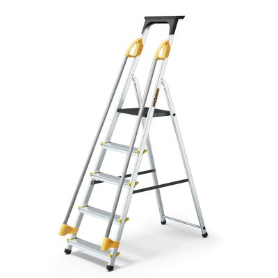 Échelle simple face en aluminium PRO DRABEST 5 marches avec étagère et mains courantes, capacité de charge 150 kg, 1 pièce.