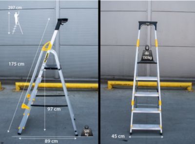 Échelle simple face en aluminium PRO DRABEST 5 marches avec étagère et mains courantes, capacité de charge 150 kg, 1 pièce.
