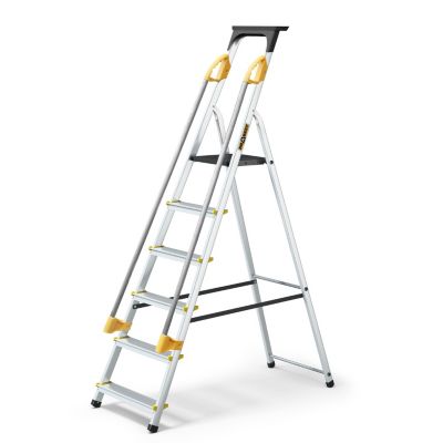 Échelle simple face en aluminium PRO DRABEST 6 marches avec étagère et mains courantes, capacité de charge 150 kg, 1 pièce.