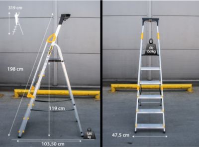 Échelle simple face en aluminium PRO DRABEST 6 marches avec étagère et mains courantes, capacité de charge 150 kg, 1 pièce.