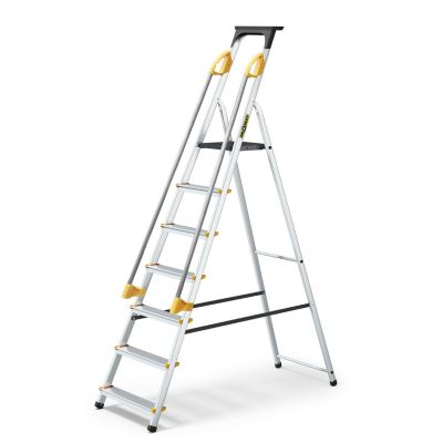 Échelle simple face en aluminium PRO DRABEST 7 marches avec étagère et mains courantes, capacité de charge 150 kg, 1 pièce.