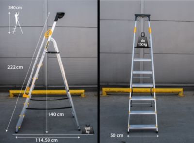 Échelle simple face en aluminium PRO DRABEST 7 marches avec étagère et mains courantes, capacité de charge 150 kg, 1 pièce.