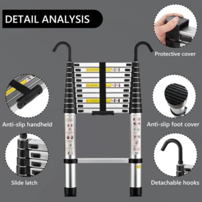 Échelle Télescopique 3,2M en Aluminium, Échelle extensible avec crochets amovibles, Charge Maximale 150kg