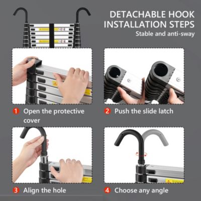 Échelle Télescopique 3,2M en Aluminium, Échelle extensible avec crochets amovibles, Charge Maximale 150kg