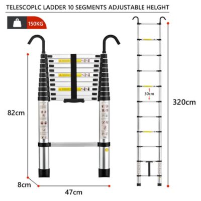 Échelle Télescopique 3,2M en Aluminium, Échelle extensible avec crochets amovibles, Charge Maximale 150kg