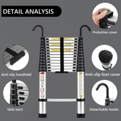 Échelle Télescopique 3,8M en Aluminium, Échelle extensible avec crochets amovibles, Charge Maximale 150kg