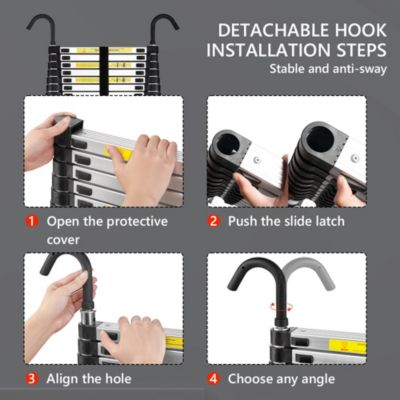 Échelle Télescopique 3,8M en Aluminium, Échelle extensible avec crochets amovibles, Charge Maximale 150kg