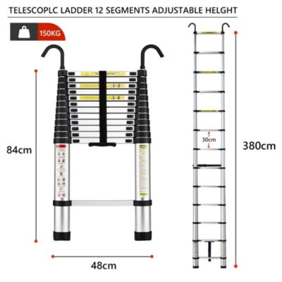 Échelle Télescopique 3,8M en Aluminium, Échelle extensible avec crochets amovibles, Charge Maximale 150kg