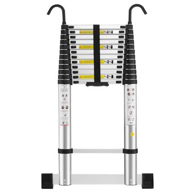 Échelle Télescopique Aluminium 5 m, Escabeau Extensible avec stabilisateur et crochets amovibles, 150KG
