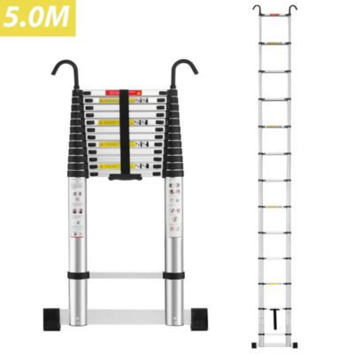 Échelle Télescopique Aluminium 5M, Échelle extensible avec stabilisateur et crochets amovibles, Charge Maximale 150kg