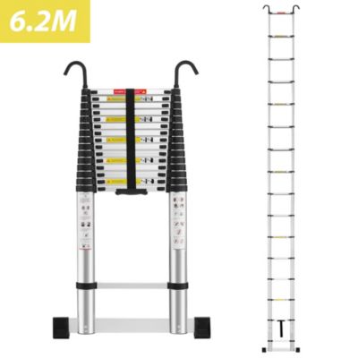 Échelle Télescopique Aluminium 6,2M, Échelle extensible avec stabilisateur et crochets amovibles, Charge Maximale 150kg