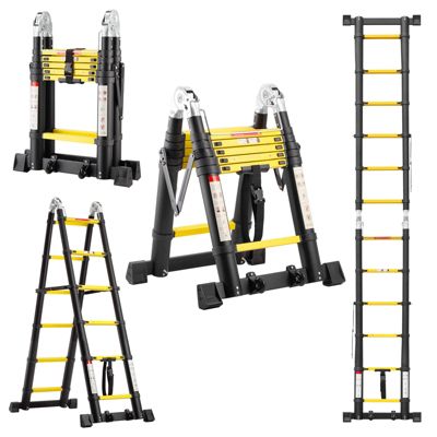 Échelle télescopique de 3.8 m (1,9+1,9), échelle pliante avec poulies en bas, capacité de charge de 150 kg, noir