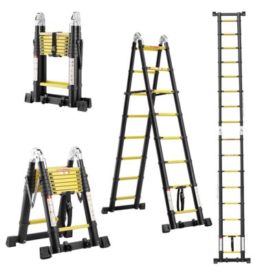 Échelle télescopique de 5 m (2,5+2,5), échelle pliante avec poulies en bas, capacité de charge de 150 kg, noir