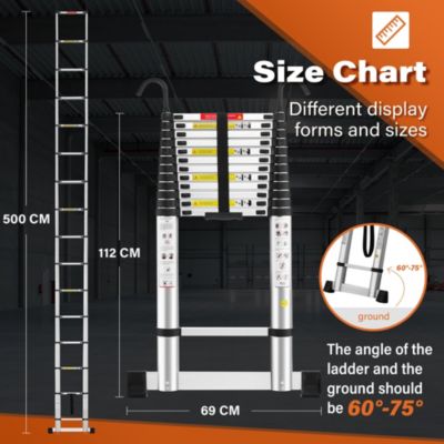 Échelle télescopique de 5 mètres, échelle pliable en aluminium avec barre stabilisatrice, crochets et capacité de charge de 150