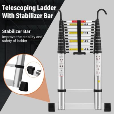 Échelle télescopique de 5 mètres, échelle pliable en aluminium avec barre stabilisatrice, crochets et capacité de charge de 150