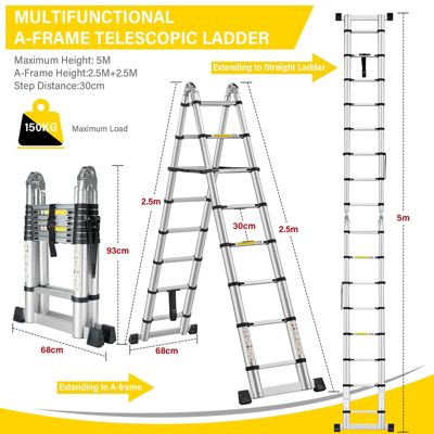 Échelle télescopique en Aluminium 5m(2.5+2.5), Echelle Pliante 2 en 1, Charge 150 kg