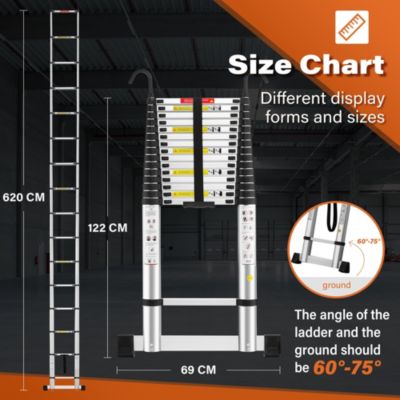 Échelle télescopique en aluminium de 6,2 mètres avec barre stabilisatrice et crochet, capacité de charge 150 kg