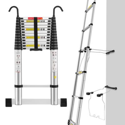 Échelle télescopique pliante de 5 mètres avec stabilisateurs, structure en aluminium, barres stabilisatrices et crochets amovibles