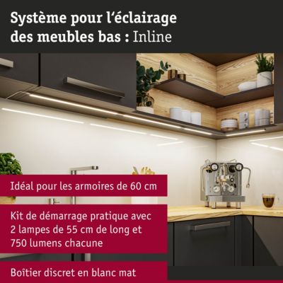 Éclairage sous-meubles LED Inline Kit de démarrage 3000K gradable 2x6W 550x26 mm 2x500lm 230/24V Blanc dépoli